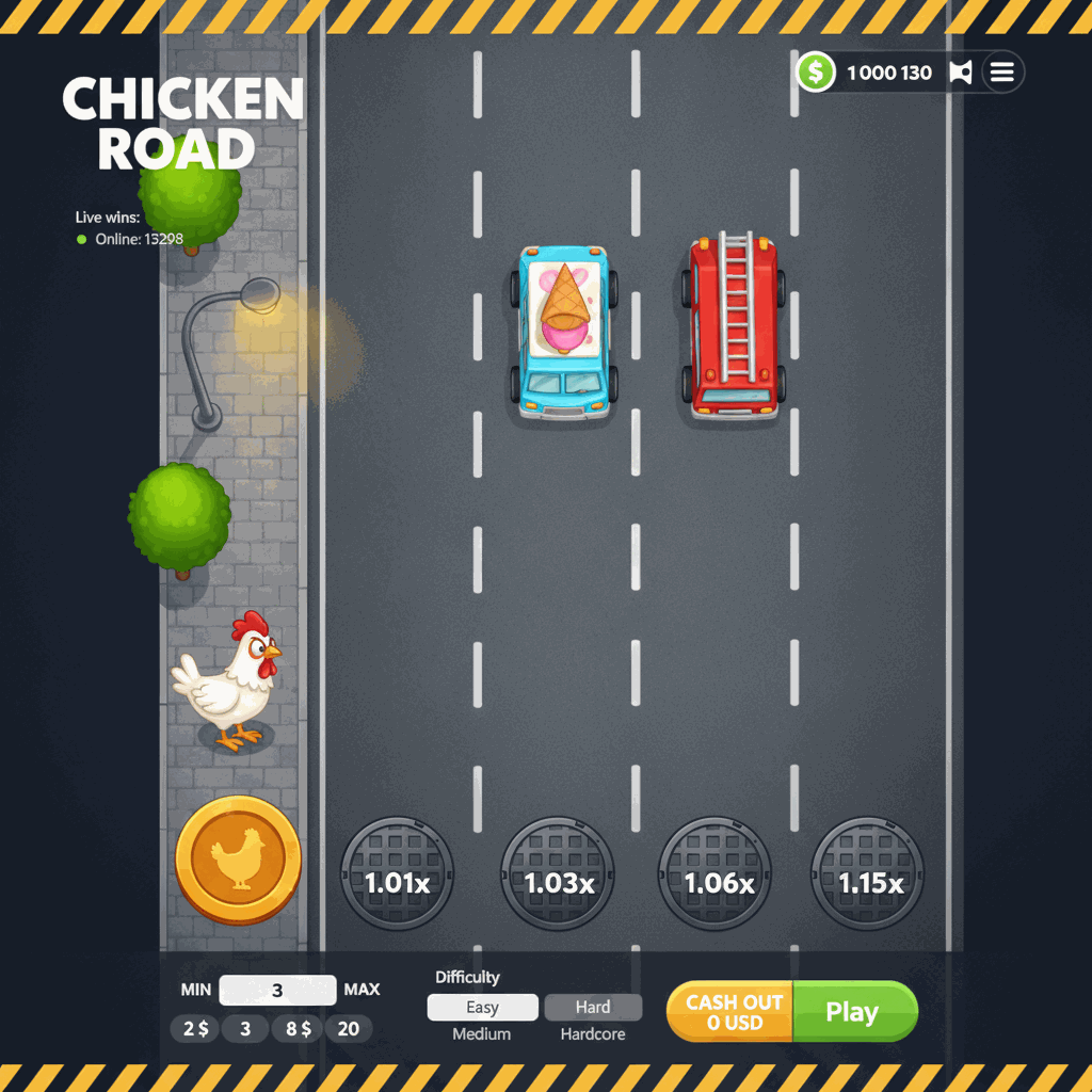 Schermata di gioco Chicken Road che mostra una gallina cartoon bianca che attraversa una strada a corsie multiple vista dall'alto con moltiplicatori crescenti su ogni corsia, interfaccia di crash game con pannello di scommessa e pulsante di incasso